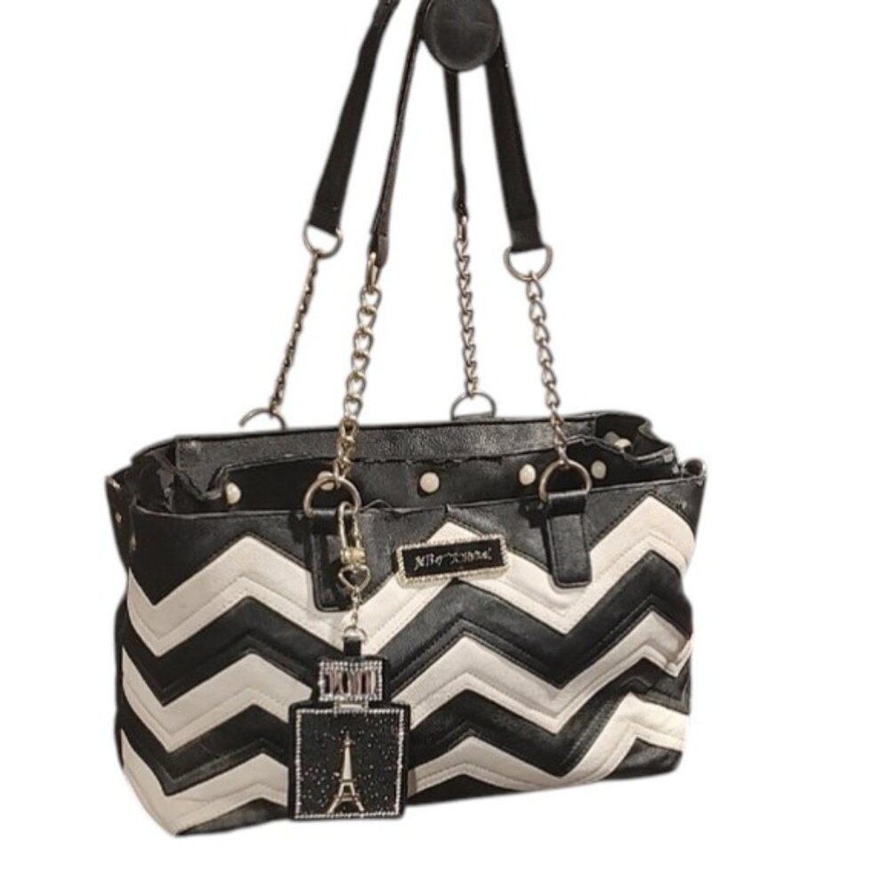Betsey Johnson | Black and White Chevron Tote Bag | Eiffel Tower Bag Charm |used